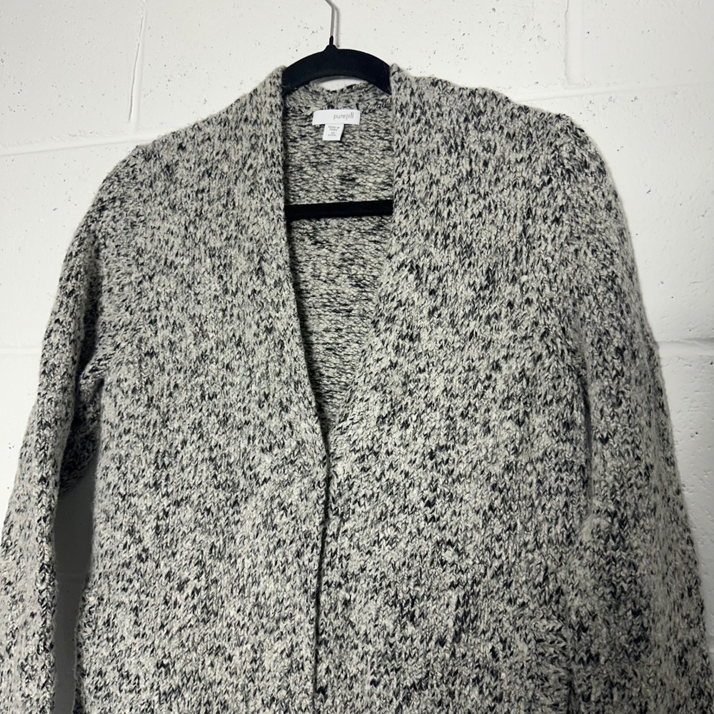 Pure Jill Marled Knit Longline‎ Cardigan Grey Hook Eye XS Petite hidden snap